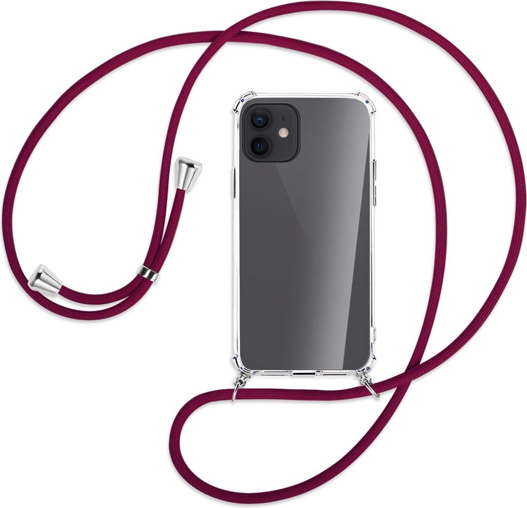 Handykette Backcover-Schutzhülle mit Band (Metall silberfarben) für Apple iPhone 12, 12 Pro - dunkelrot