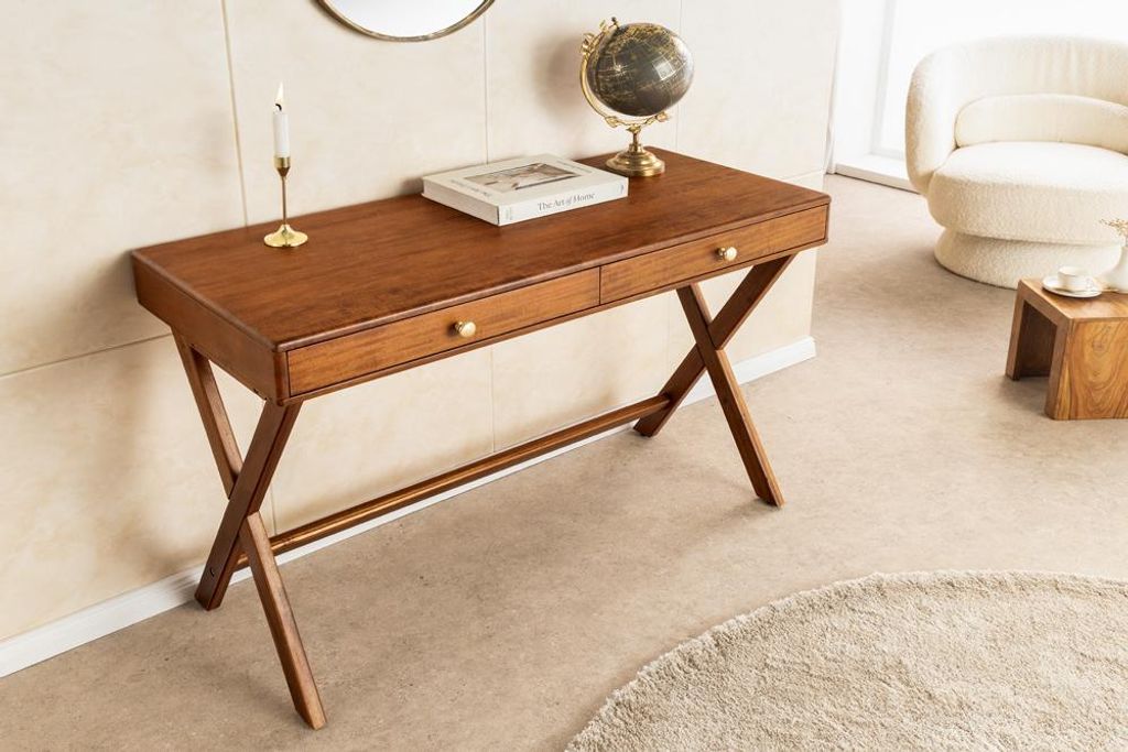 Stilvoller Konsolentisch SECRETARIO 110cm braun Akazie gold mit Schubladen