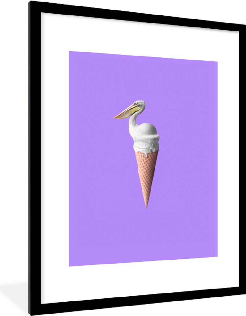 MuchoWow Gerahmtes Poster Eiscreme - Vogel - Pelikan - Weiß - Eistüte 60x80 cm - Poster mit Schwarzem Bilderrahmen Wandposter Rahmen Foto Bilde...