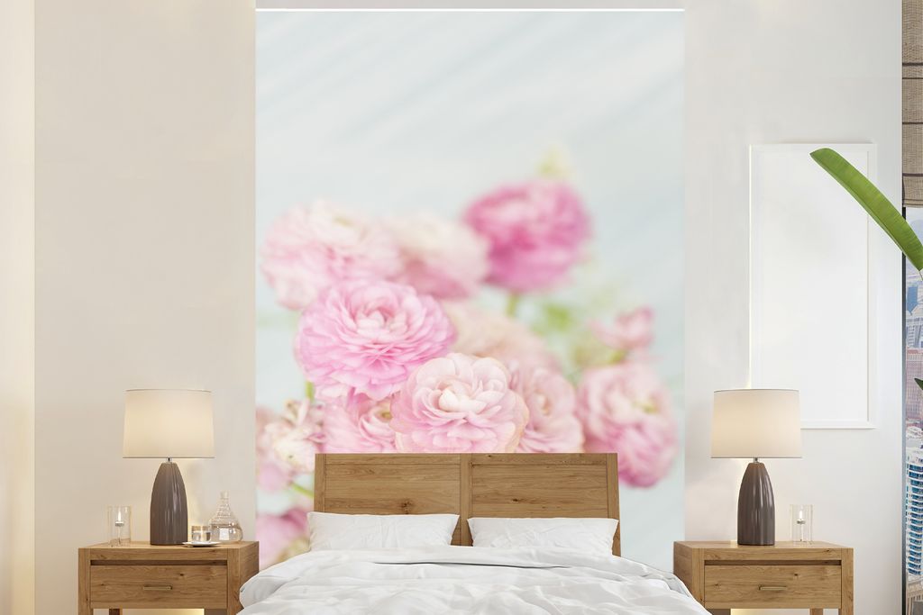 MuchoWow Fototapete für Wohnzimmer oder Schlafzimmer Wandtapete Vinyl Motivtapete Hellrosa Butterblumen im Frühling - 200x300 cm - Wanddekorati...