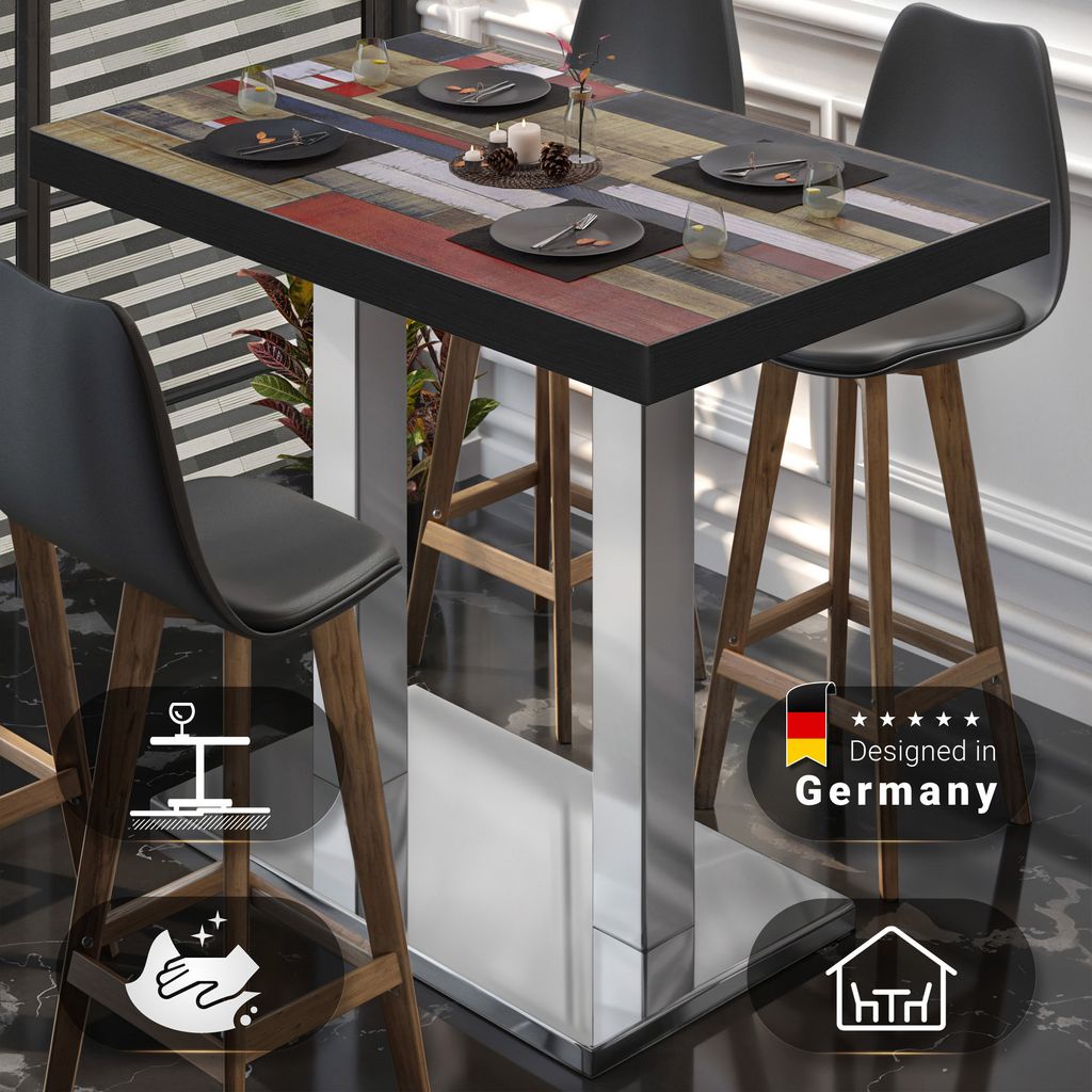 BM | Bistro Stehtisch | 120 x 70 x 110 cm | Rechteckig | Schwarzer Rand | Vintage Bunt / Edelstahl | Gastro Steh Tisch Restaurant