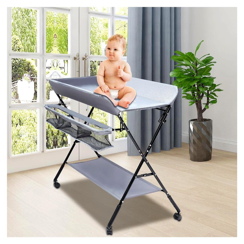 Mobiler Baby Wickelkombi- Klappbare Wickelkommode mit Wickelauflage, 3 Fächern, Sicherheitsgurt, Ablagefächer Stabil und Platzsparend mit Rollen ...