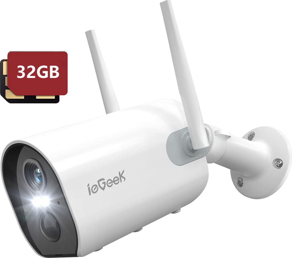 ieGeek 2K Solar Überwachungskamera Aussen Akku, PIR, 2-Wege-Audio, Alexa, Wlan, Farbnachtsicht, 2-Wege Audio, IP65, 32GB