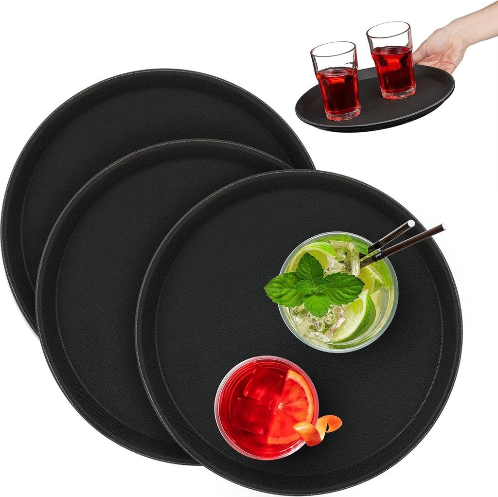 Relaxdays Serviertablett 3er Set, rund Ø 28 cm, Bartablett, Produktbild 