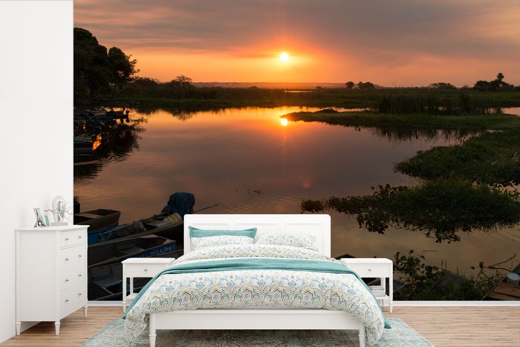 MuchoWow Fototapete für Wohnzimmer oder Schlafzimmer Wandtapete Vinyl Motivtapete Sonnenuntergang am Wasser im Pantanal - 420x280 cm - Zimmer f...