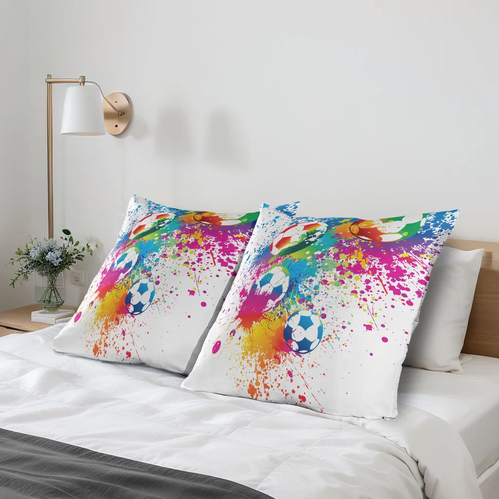 ABAKUHAUS Federa per cuscino Calcio Confezione da 2, Spruzzi colorati su palloni da calcio Campionato mondiale Sportivo Artistico, Federa per cuscino decorativa stampata, 80x80 cm, Multicolore