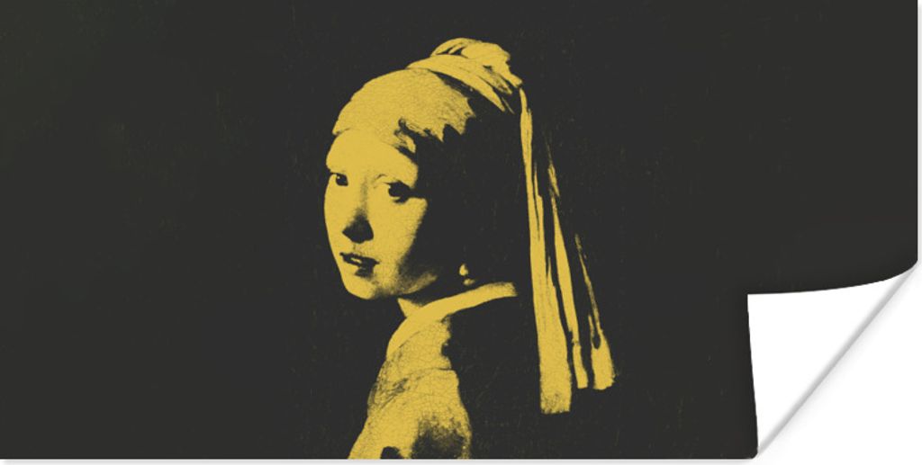 MuchoWow Poster Mädchen mit Perlenohrring - Schwarz - Gelb 80x40 cm - Wanddeko