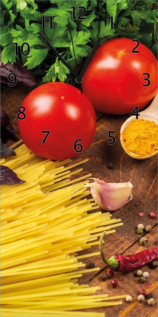 Wallario Design Wanduhr bedruckt, Größe 30 x 60 cm, Motiv: Italienisches Menü mit Spaghetti, Tomaten, Basilikum und Gewürzen