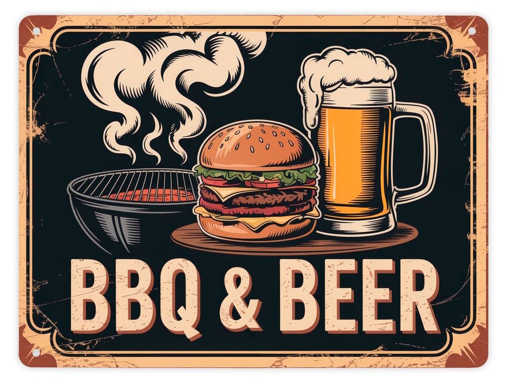 Burger und Bier Metallschild XL in 21x28 cm BBQ und Beer Vintage