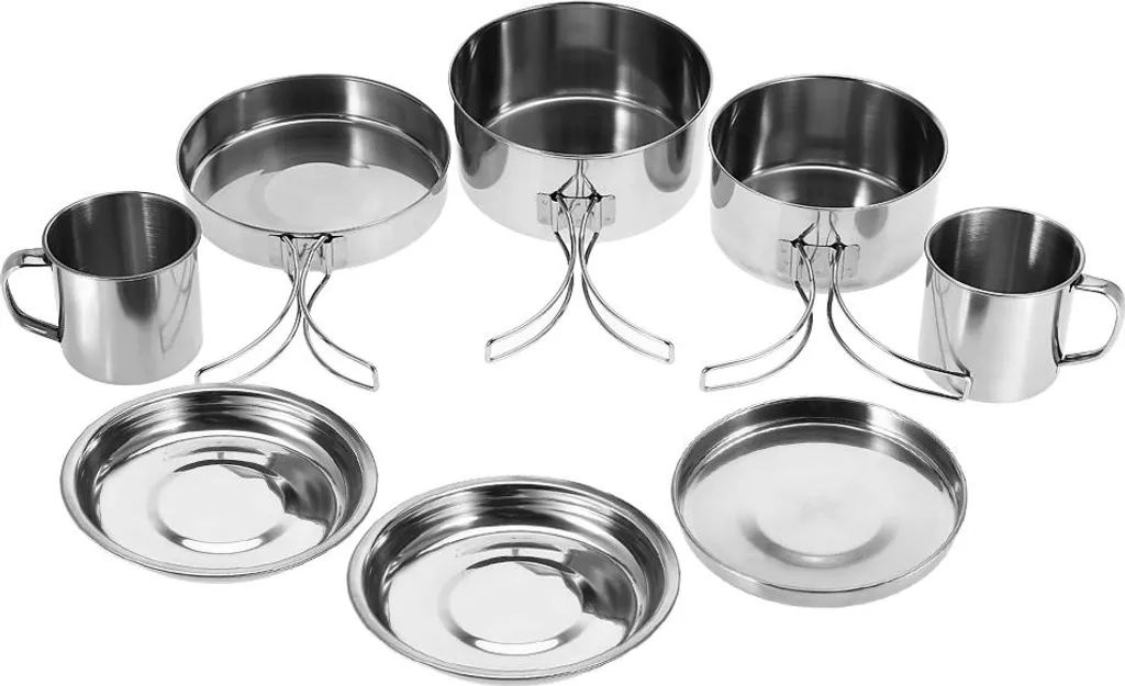 Batterie De Cuisine Camping 8 Pièces Acier Inox – 2 Casseroles, Poêle, 2 Tasses, Assiettes – Compacte Pour 3-4 Personnes