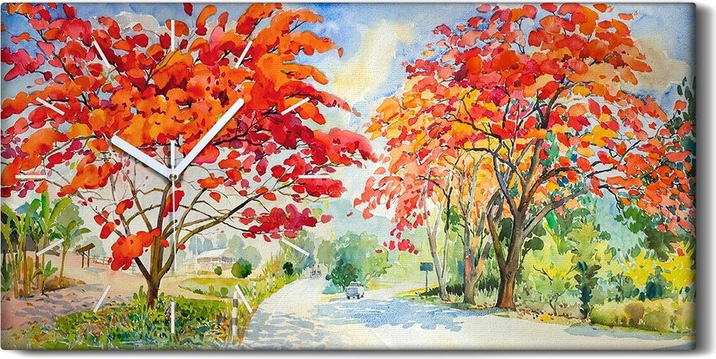 Leinwand Wanduhr Wandkunst Uhr 60x30 Malerei Bäume Blumen Straße Himmel Kunst - weiße Hände