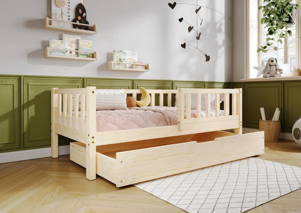 TIMBEE LENA Box Kinderbett Holz Bett mit Schublade - Unlackiert - 90x200cm
