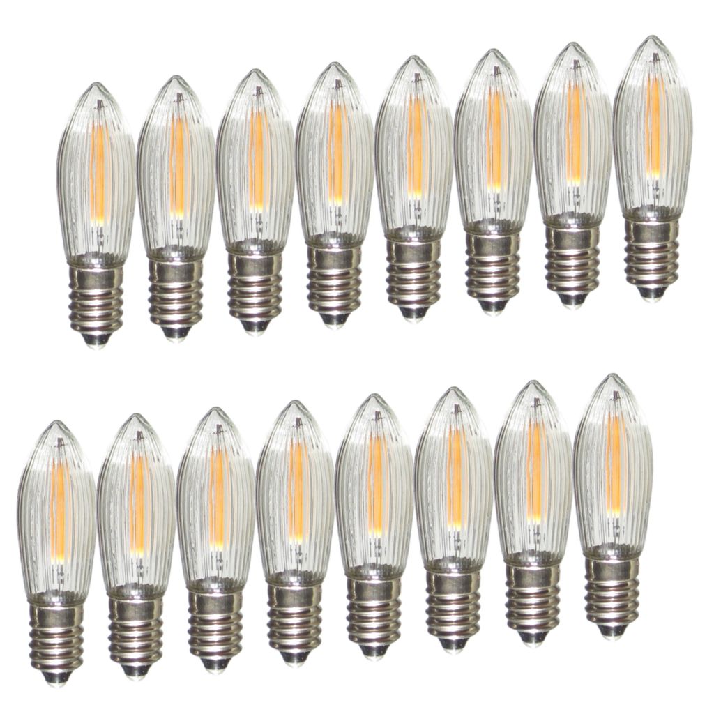 A collection of LED filament light bulbs arranged in two rows against a white background.