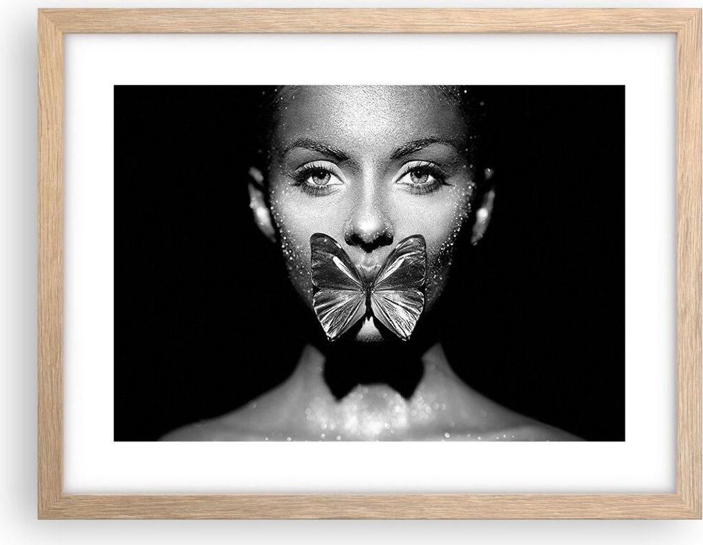 Gerahmtes Poster - Rahmen in heller Eiche - Frau Schmetterling Mund - 40x30 cm - Wand Bild - Wanddeko - Wandbilder - Kunstposter - Wandposter - Bil...