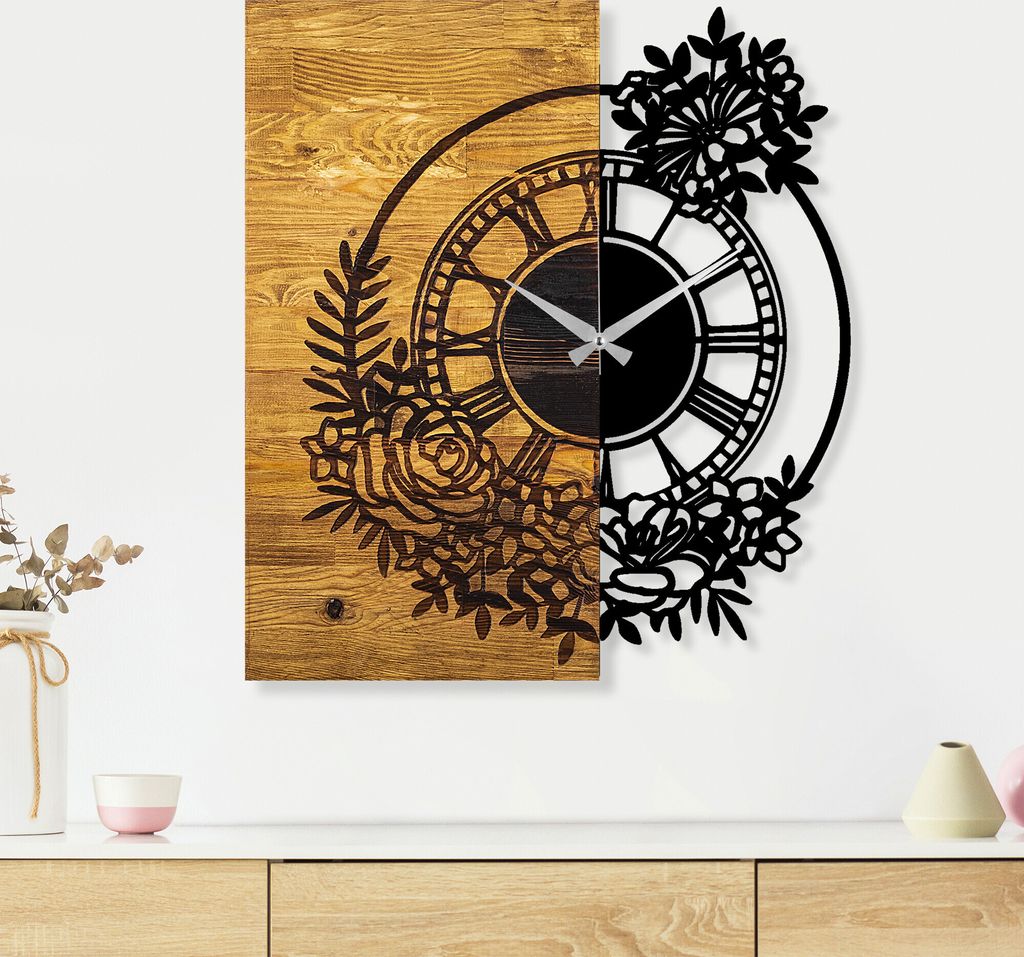 Opviq, Wooden Clock 14, Wanduhren, Nussbaum, Metall, 58 x 51 x 3 cm