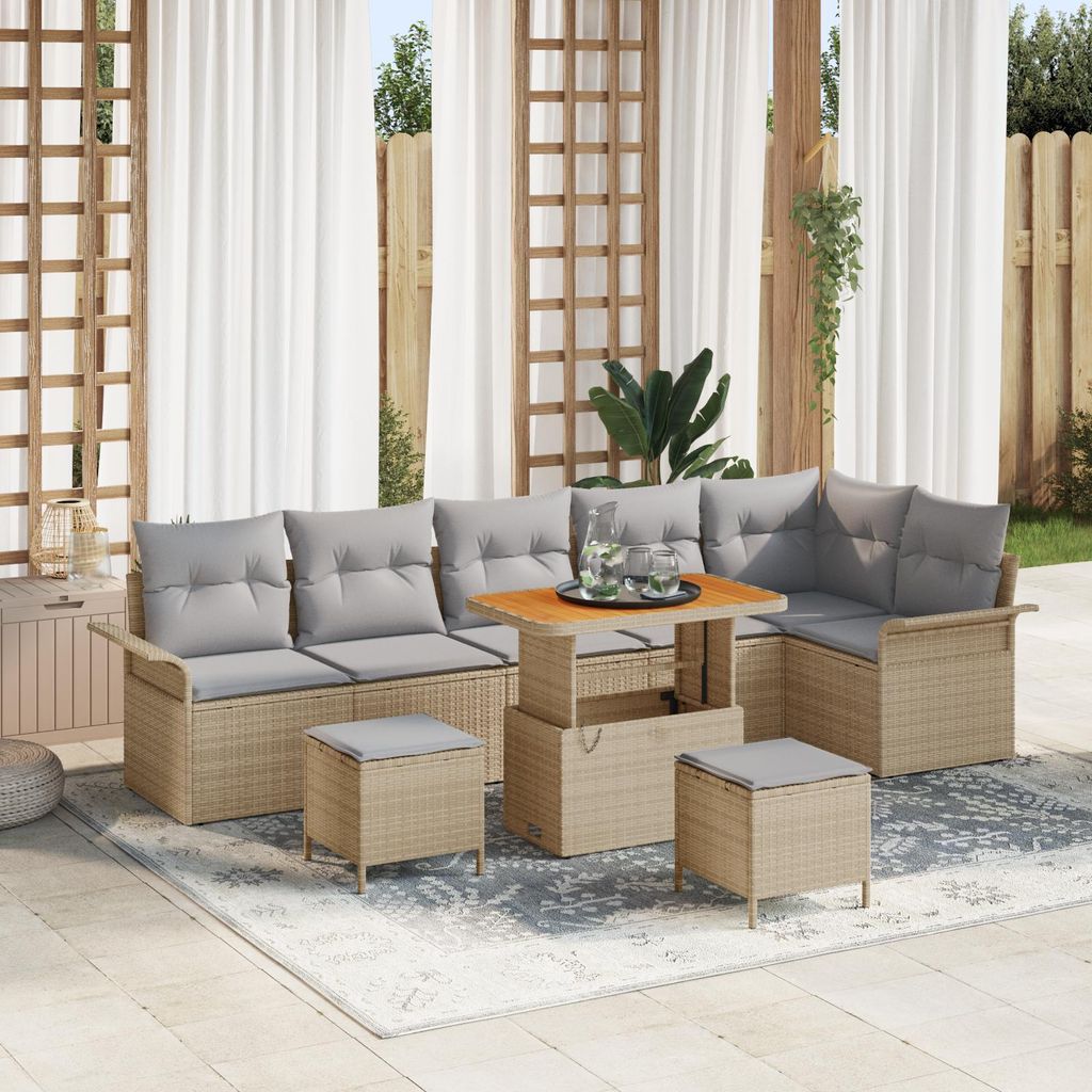 Eleganten-Stil Gartenlounge Set 9-teiliges Garten-Sofa-Set mit Kissen Beige Poly Rattan Akazie - Terassenmöbel Gartenmöbel DE4515466