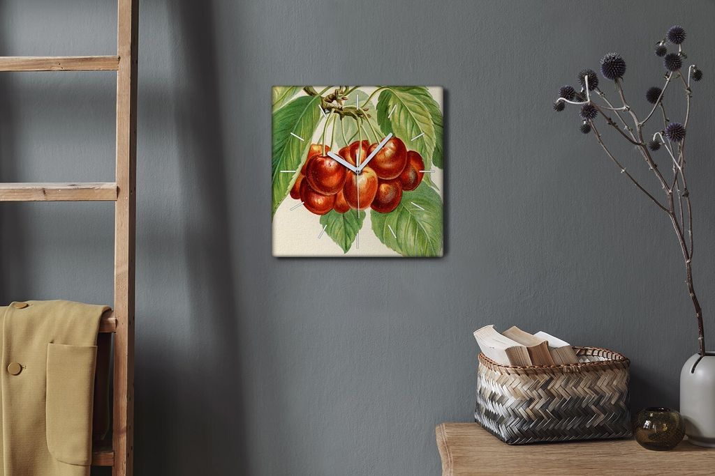 Coloray Hodiny Unikátní 30x30 cm Tiché hodiny Pro obývací pokoj a kuchyň Nástěnné hodiny Plátno Bílé ručičky hodin - Ovocné třešň...