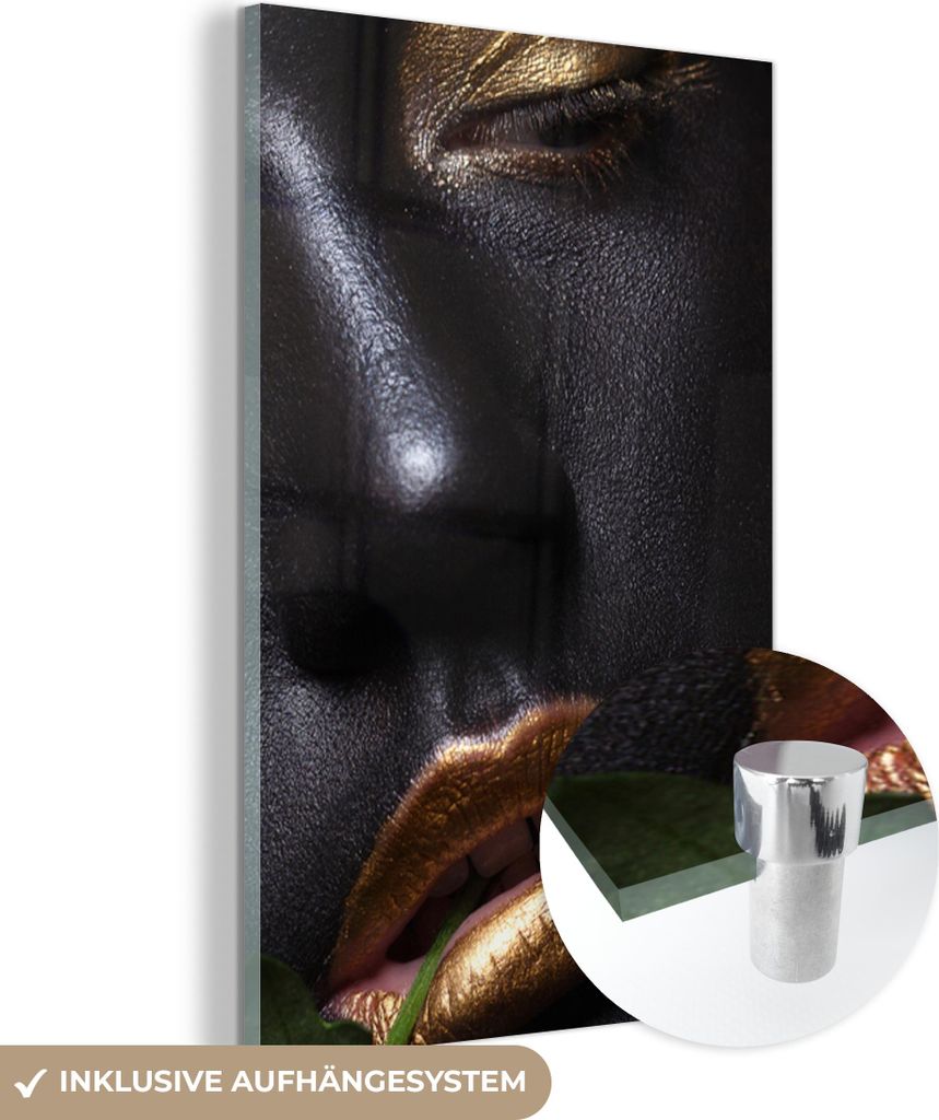 MuchoWow Glasbilder - Bilder auf Wandbild - Foto auf Glas Frau - Blumen - Gold - Schwarz 40x60 cm Wanddekoration aus Glas - Acrylglasbild - Acrylbi...