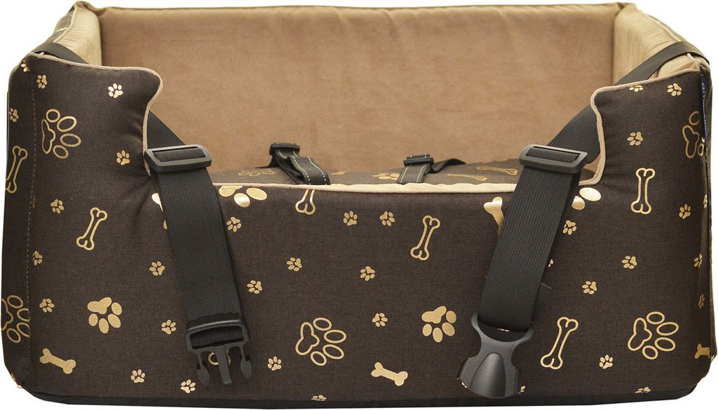 BoutiqueZOO Hundesitz Auto M 47x40x25 cm | Kunstleder Autositz für Hunde & Katzen | Mit Kissen & Leinen | Rutschfest & Waschbar | Braun-Gold