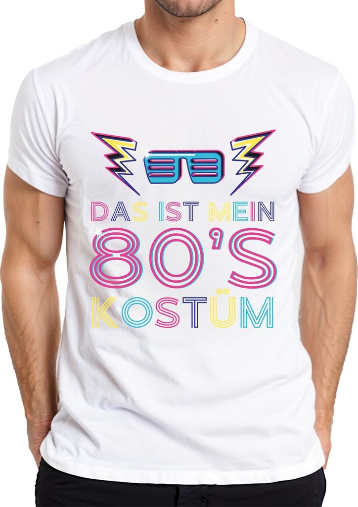MEIN 80'S KOSTÜM 80er Jahre Retro Neon Party Karneval Brille Herren T-Shirt, Weiß, S