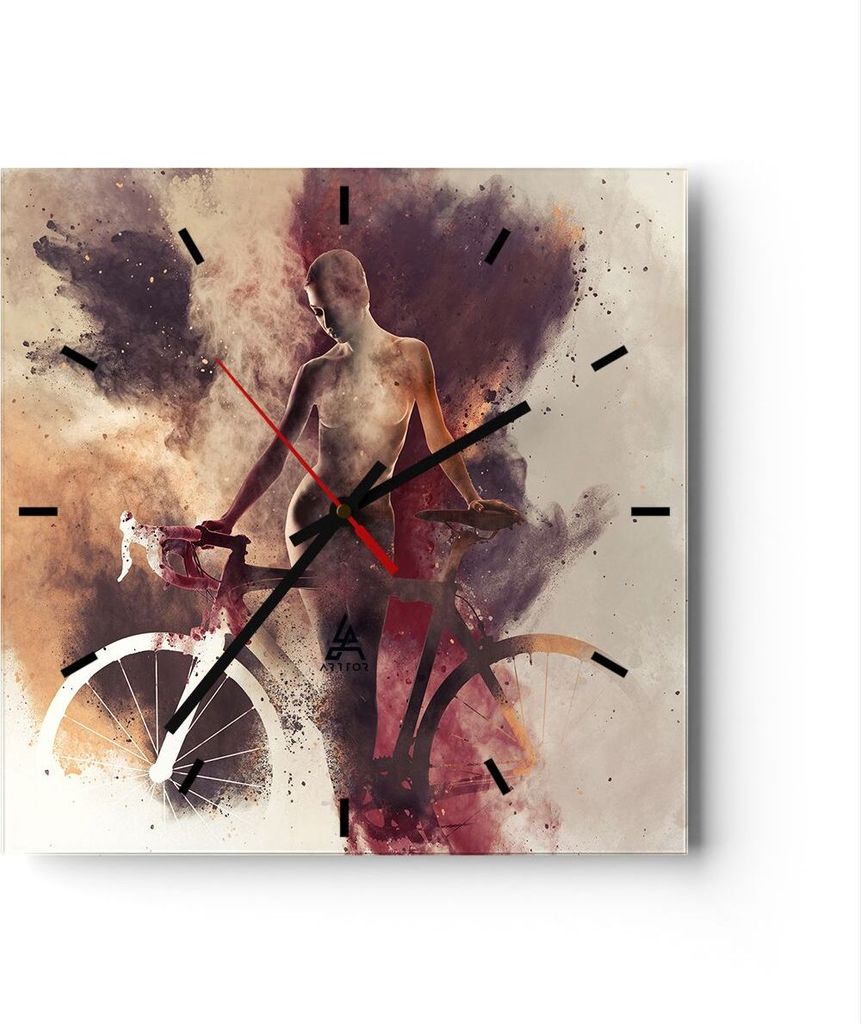 Wanduhr - Quadrat - Glasuhr - Körper Mädchen Fahrrad Illustration - 30x30cm - Schleichendes Uhrwerk - Lautlos - zum Aufhängen bereit - Dekoratio...