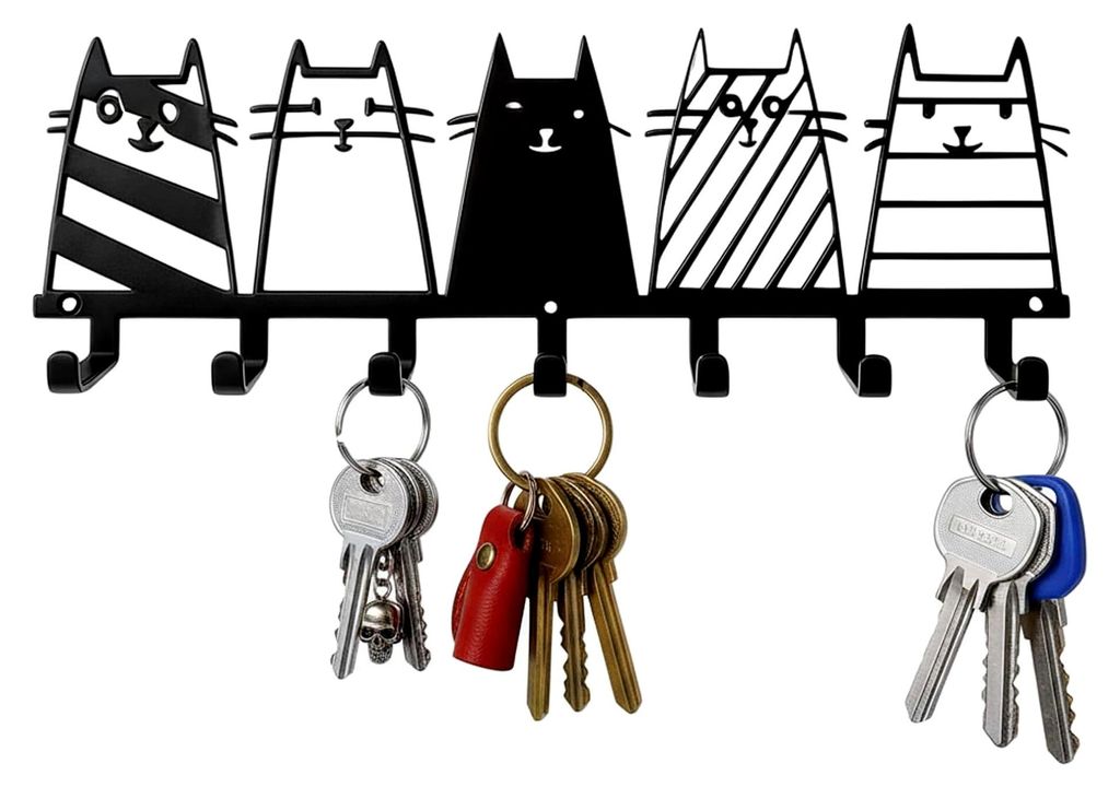 Schlüsselbrett mit 5 Katzen, Schlüsselhalter aus Metall - Robustes Schlüsselboard für die Wand, Schlüsselorganizer für Flur, Wohnung und Büro