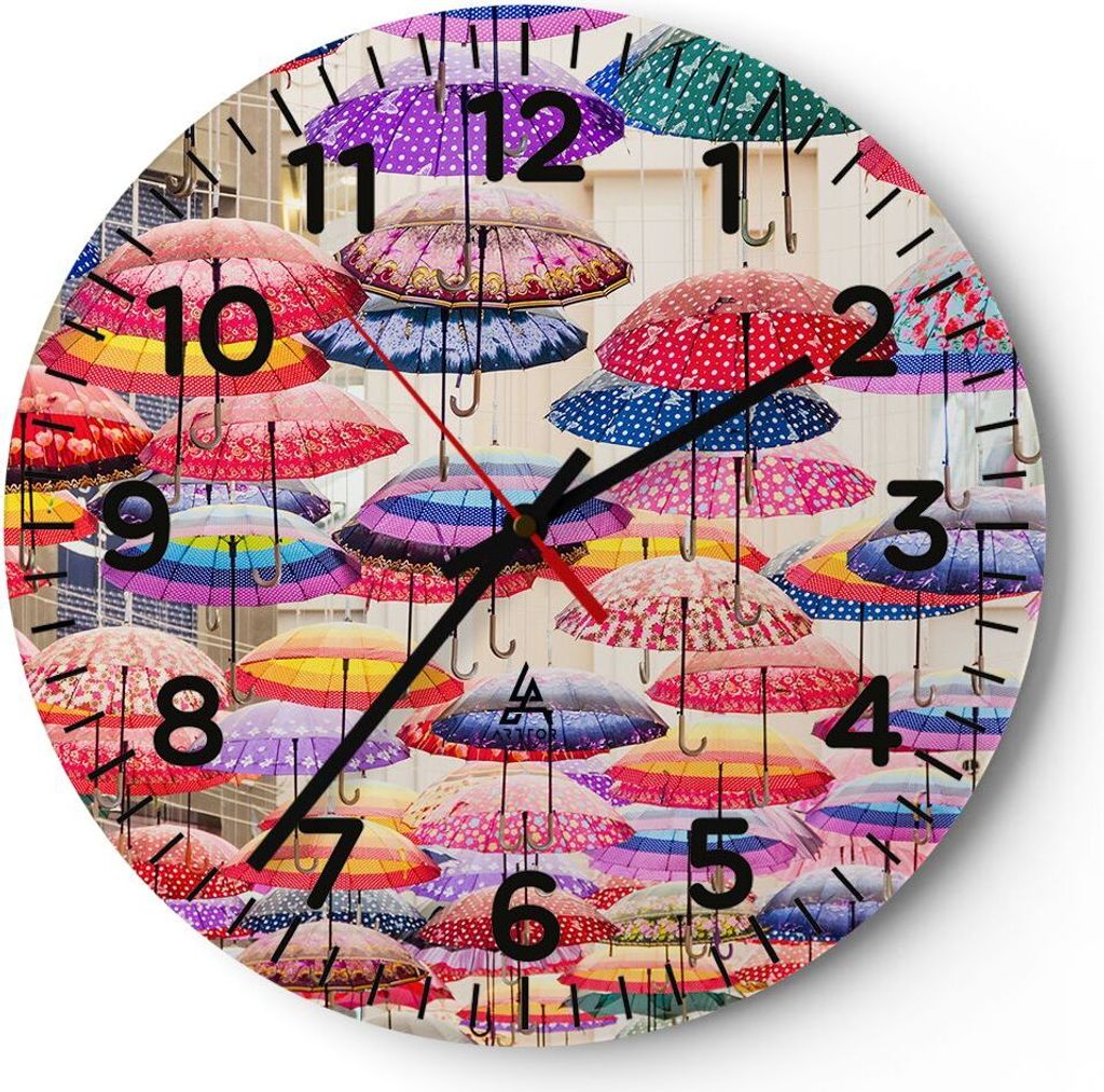Wanduhr - Rund - Glasuhr - Regenschirme City Dekoration Himmel - 40x40cm - Schleichendes Uhrwerk - Lautlos - zum Aufhängen bereit - Dekoration Mod...