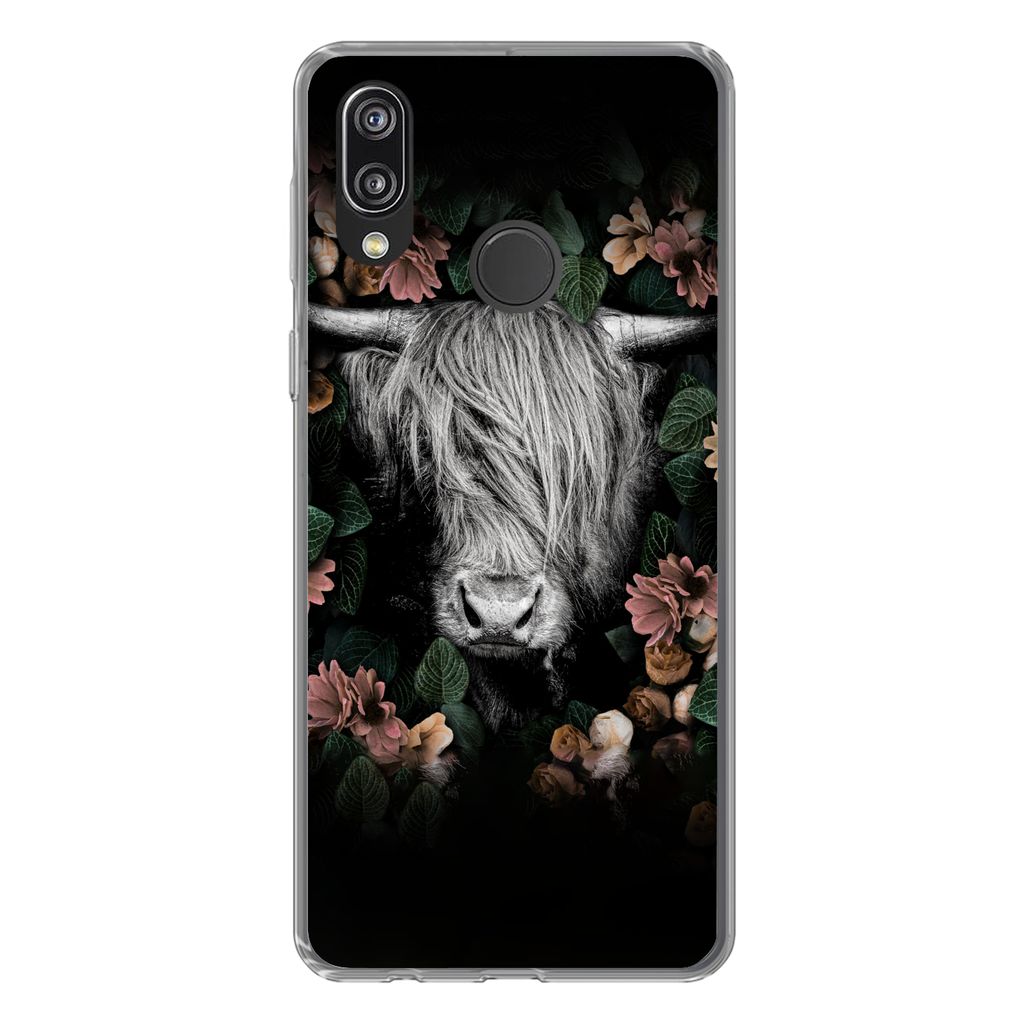 MuchoWow Handyhülle Schutzhülle Hülle für Huawei P20 Lite (2020) Schottischer Highlander - Blumen - Rosa Silikon Softcase Handy Hülle - Kart...