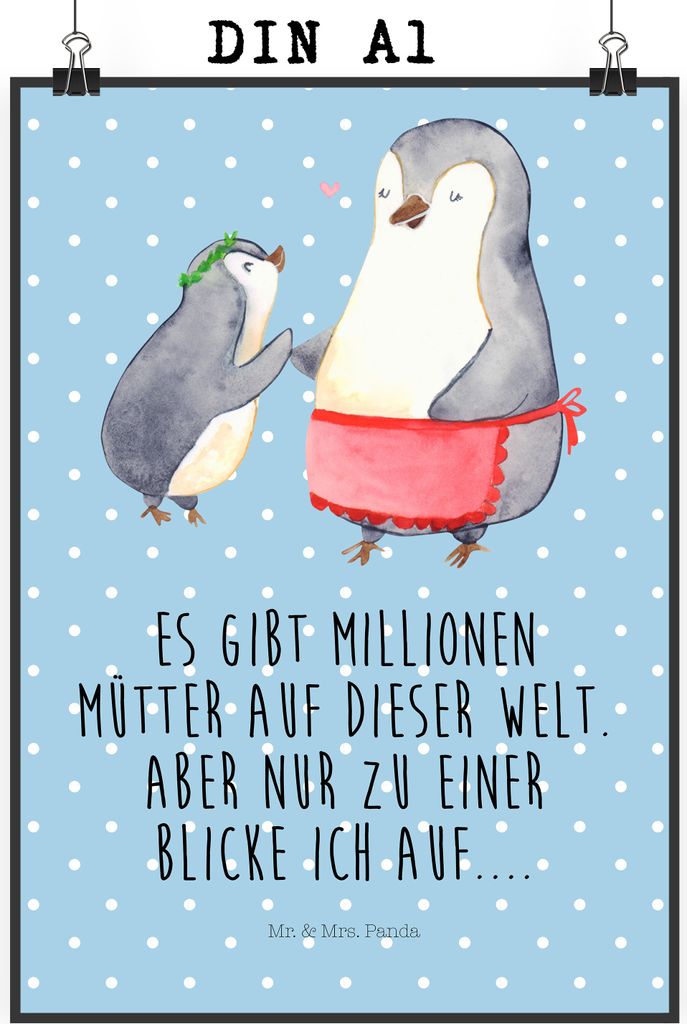Mr. & Mrs. Panda Bild Pinguin mit Kind DIN A1 - Blau Pastell - Geschenk, Mama, wanddeko, Vorbild, Muttertag, Familie, Deko, Plakat, wandkunst, druc...