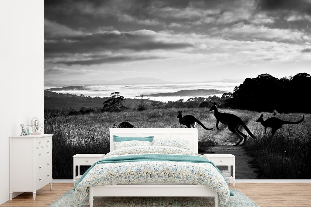 MuchoWow Fototapete für Wohnzimmer oder Schlafzimmer Wandtapete Vinyl Motivtapete Australien - Tiere - Schwarz - Weiß - 600x400 cm - Vinyltapeten