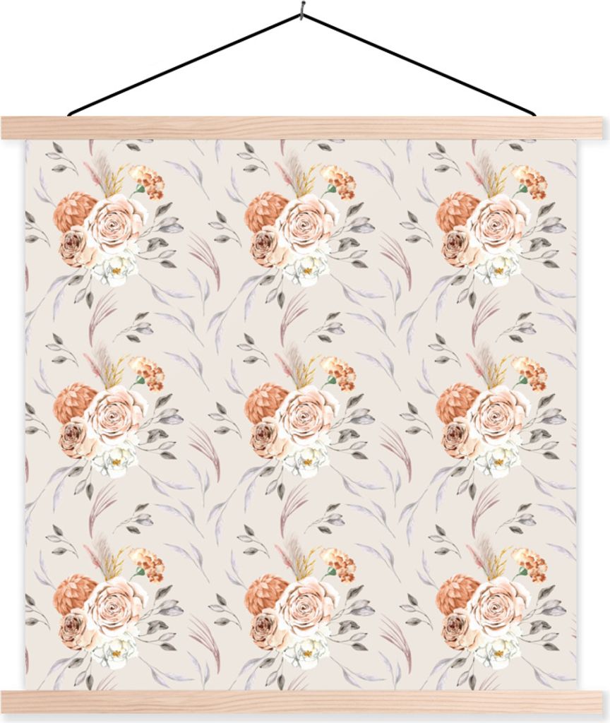 MuchoWow Textilposter Rosen - Orange - Braun - Rosa 60x60 cm mit holzfarbenen Rahmen - Wanddekoration