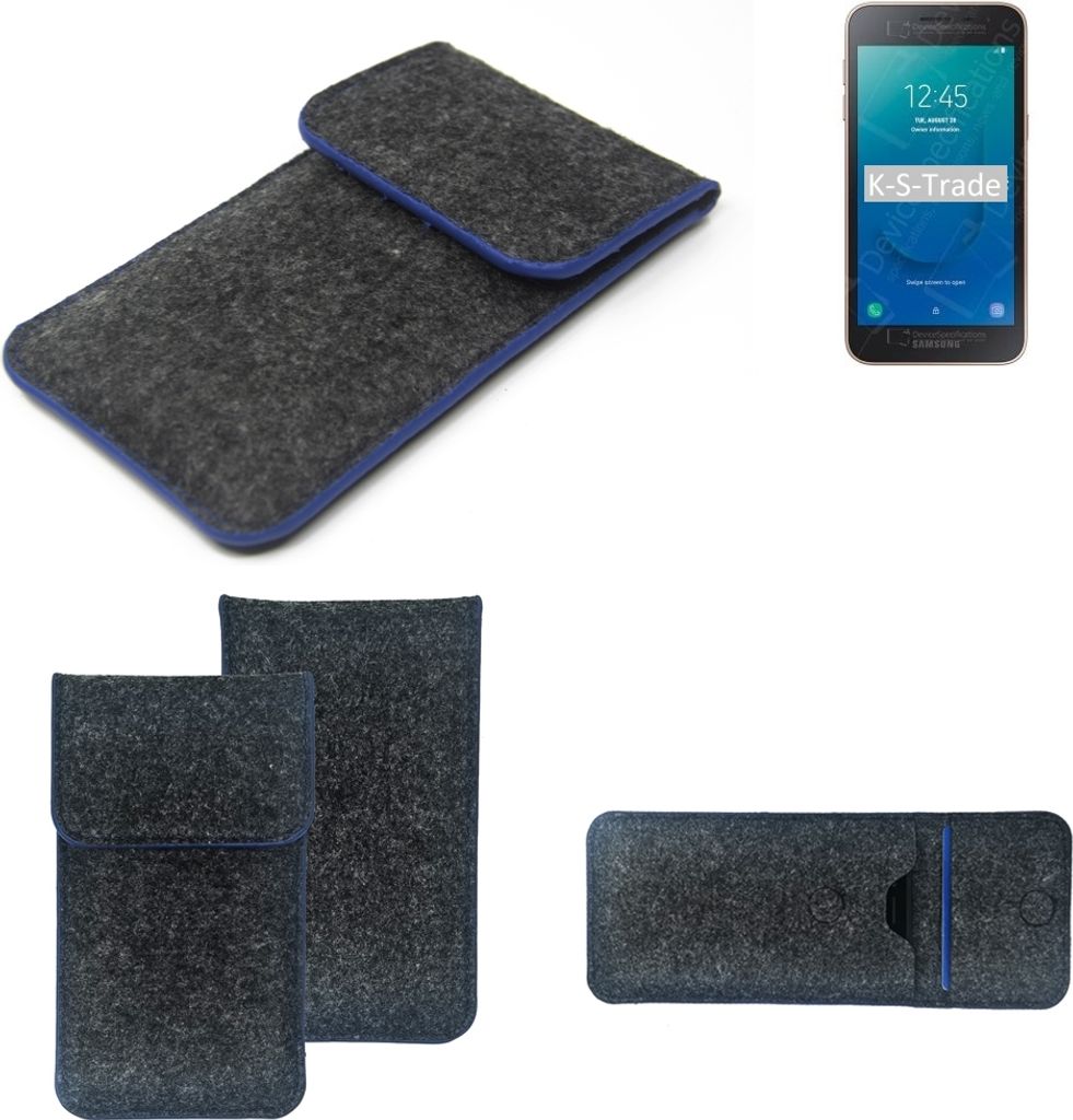 K-S-Trade Handy-Hülle Schutz-Hülle kompatibel mit Samsung Galaxy J2 Core 2020 Filztasche Pouch Tasche Case Sleeve Filzhülle dunkelgrau, blauer Rand