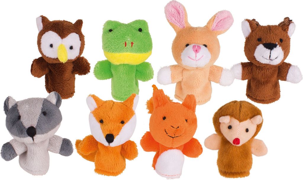 A collection of eight plush finger puppets of forest animals arranged in two rows against a white background.