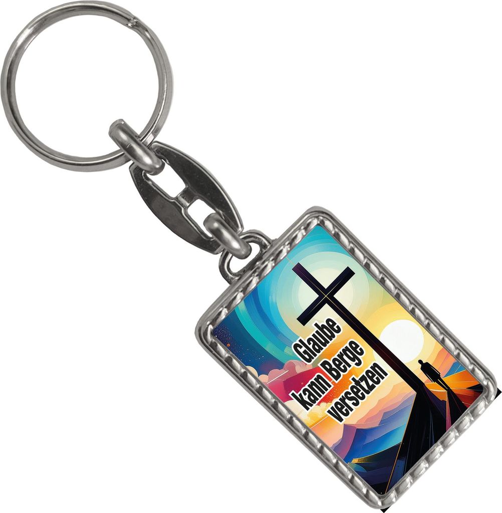 Berg mit Kreuz Schlüsselanhänger mit Bordüre mit Spruch: Glaube kann Berge