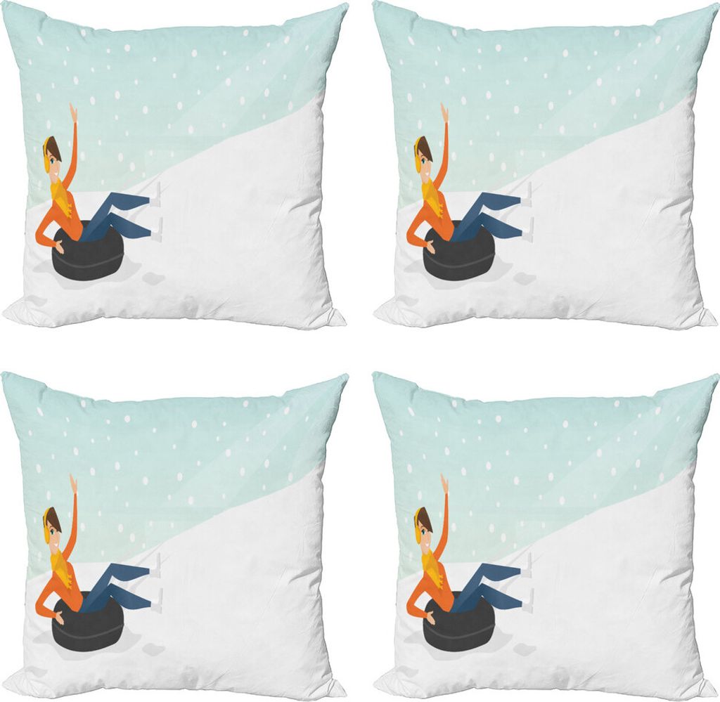 ABAKUHAUS Abenteuer Kissenbezug Set (4 Stück), Frau Sledding auf Schnee, Moderner Doppelseitiger Digitaldruck, 40 cm x 40 cm, Mehrfarbig