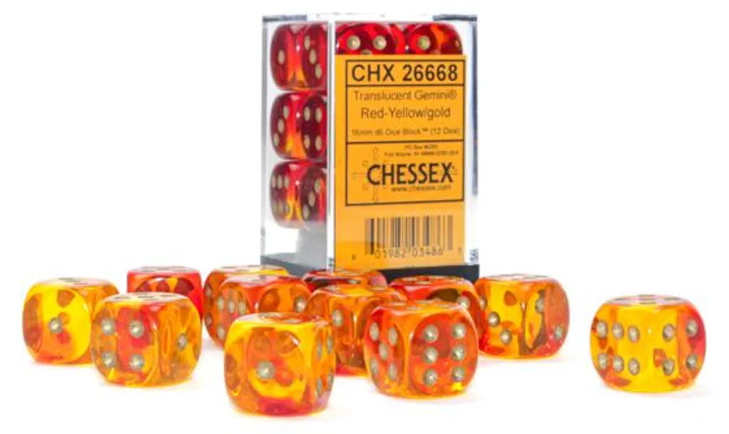 Jeu de Dés de 16mm Rouge et Jaune Chessex pour Jeux de Rôle et JDR