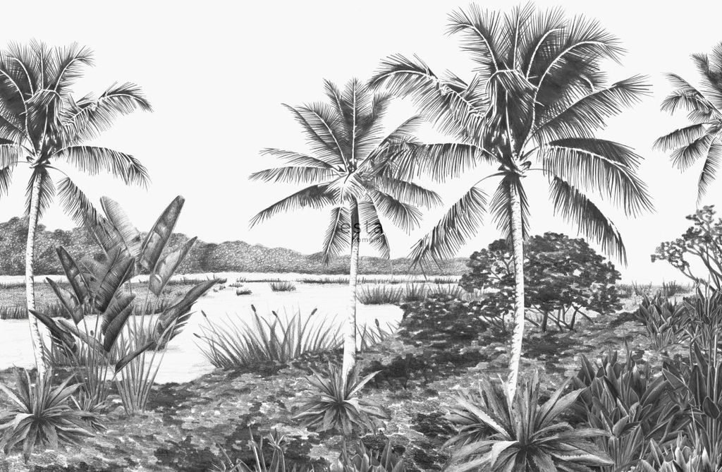 ESTAhome Fototapete tropische Landschaft mit Palmen Schwarz-Weiß 418.5 x 279 cm