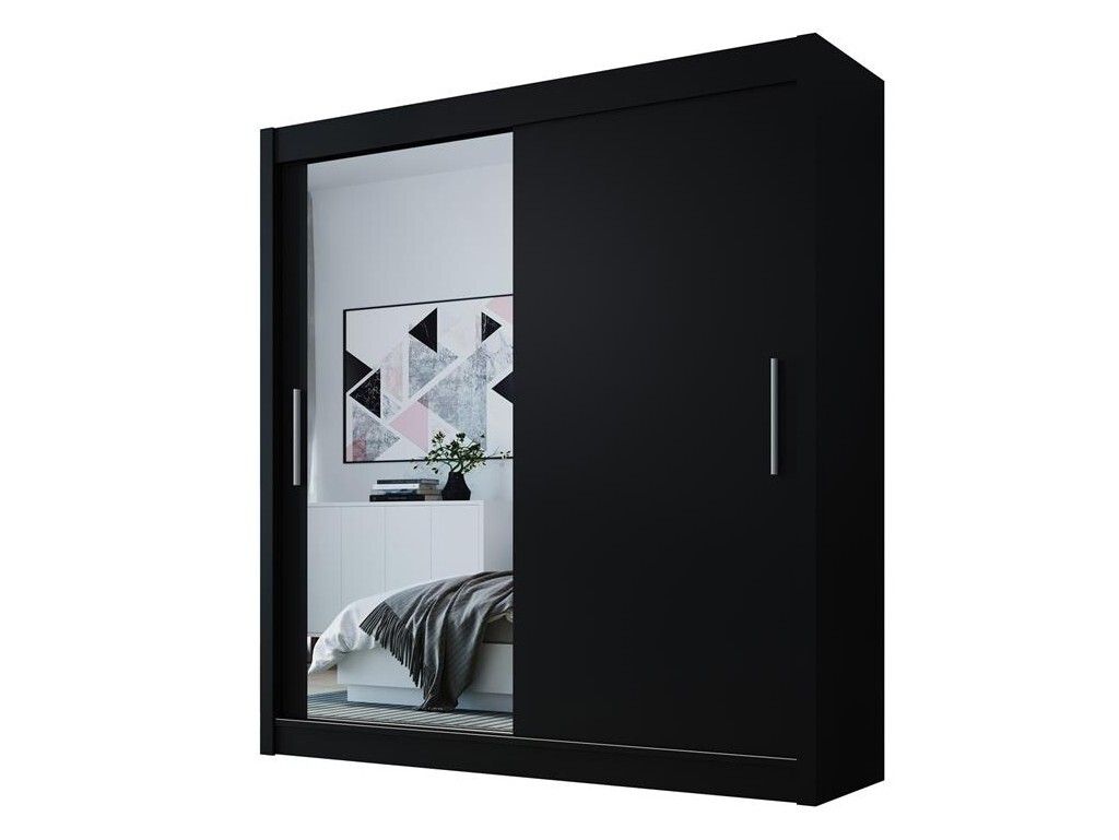 A black sliding door wardrobe with a mirrored door, reflecting a bedroom interior.