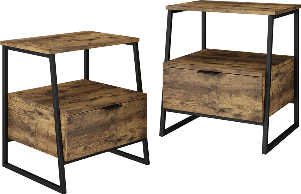 Table de nuit Vicco Lunor Chêne rustique et Noir, Lot de 2 Modèle 55282
