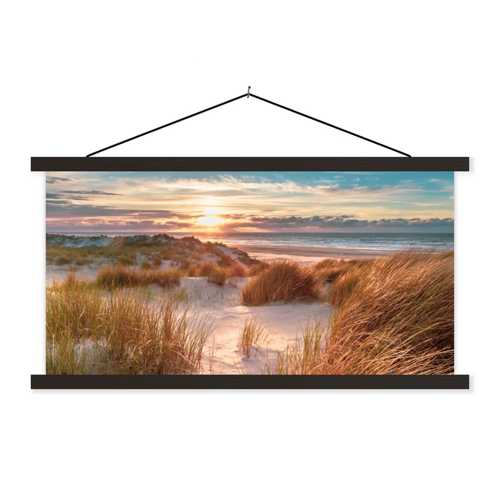 MuchoWow Textilposter Düne - Pflanzen - Sonnenuntergang - Strand - Meer 120x60 cm mit schwarzem Rahmen - Dekoration Schlafzimmer