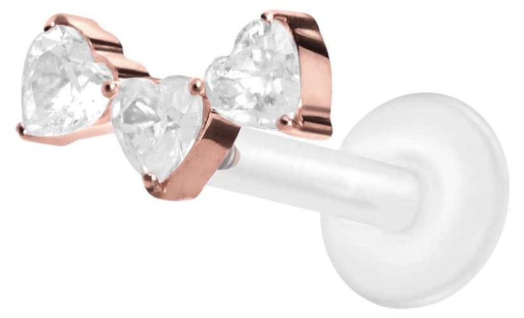 Ohrpiercing, Nasenpiercing PTFE Labret mit Innengewinde + Titan-Aufsatz 3 KRISTALLHERZEN RoséGold Stablänge: 8mm | Stabstärke: 1,2mm