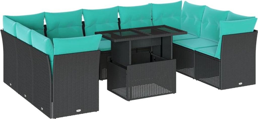 10-teiliges Gartensofa-Set mit Kissen, schwarzes Polyrattan