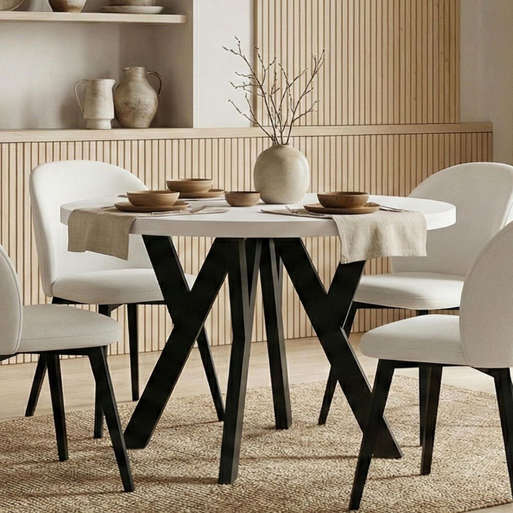 Runder Ausziehbarer Tisch für Esszimmer, PERO, Loft-Stil, Skandinavische, Durchmesser: 90 / 140 cm, Farbe: Weiß / Schwarz