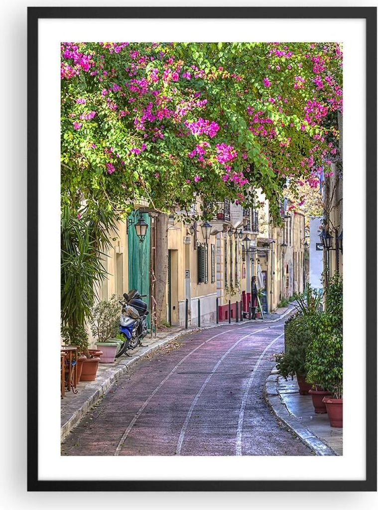 Gerahmtes Poster - Schwarzer Rahmen - Straße dekoration blumen griechenland - 50x70 cm - Wand Bild - Wanddeko - Wandbilder - Wandposter - Bilderra...