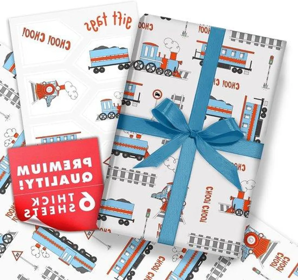 Papier cadeau blanc thème train pour emballage anniversaire de garçon