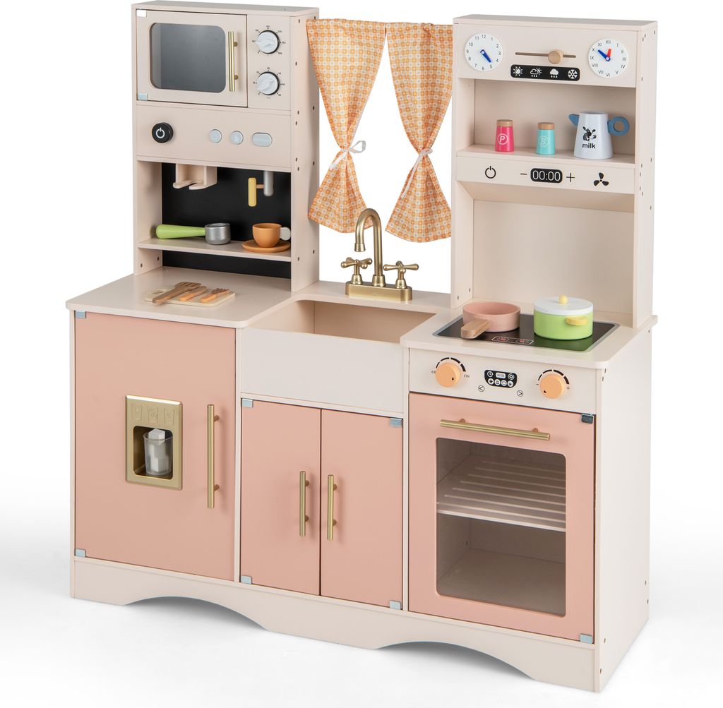 COSTWAY Kinderküche mit Kochzubehör, Spielküche Holz Spielzeugküche für Kinder ab 3 Jahren (Rosa)