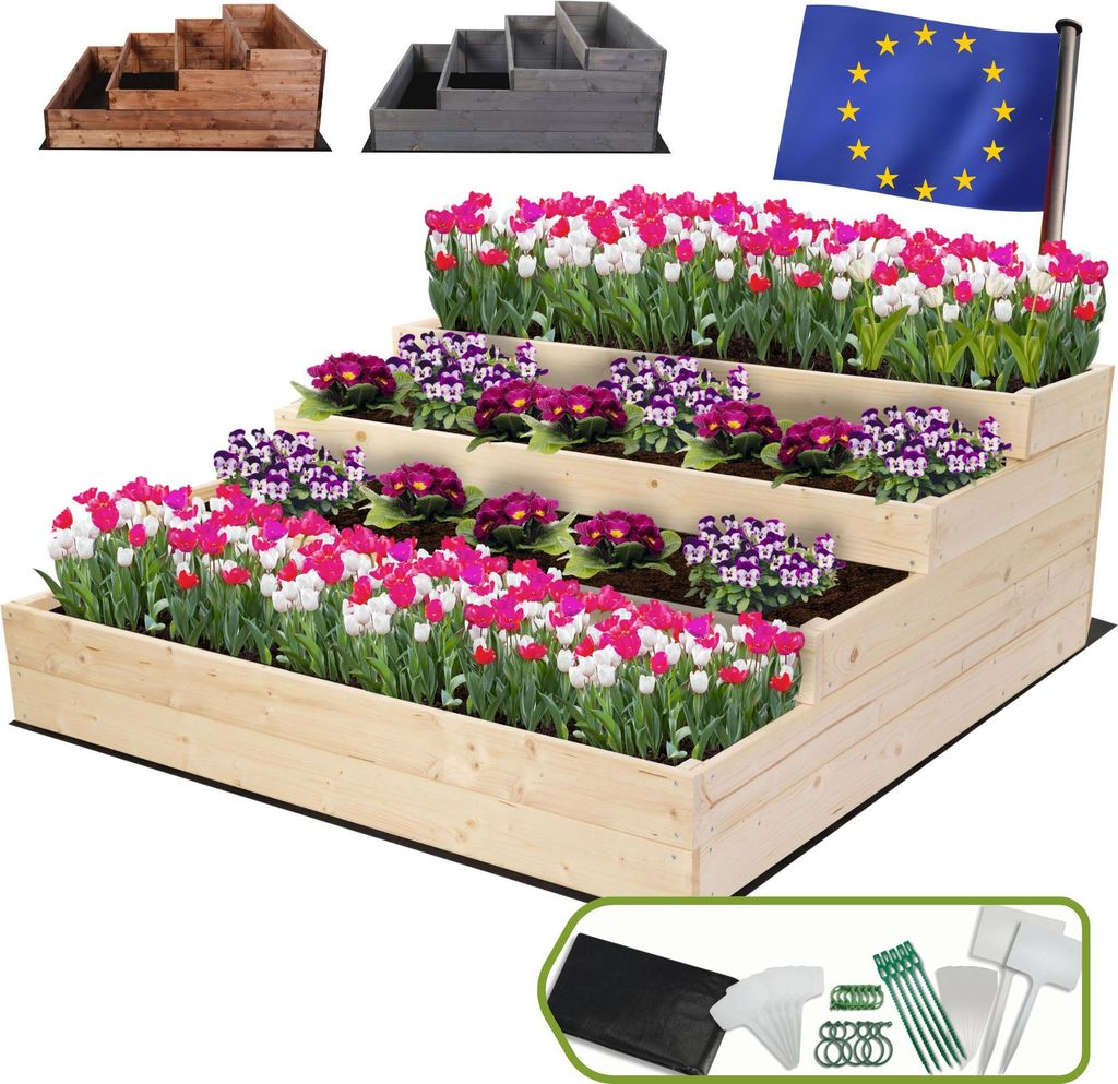 MODO24 Hochbeet Holz, Pflanzkasten, Massivholz, Kiefer, Kräuterbeet, Blumenkasten, Garten, Terrasse, 45x117x120 cm, Natur, ZP07