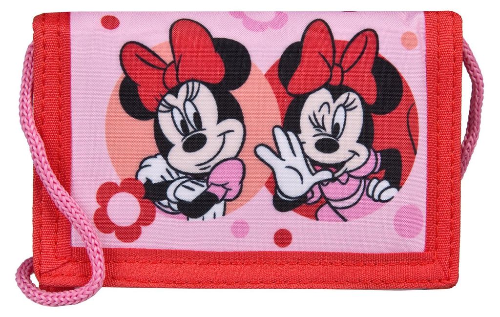 Gedlbeutel Kinder Mädchen, Brustbeutel Minnie Mouse Pink Blumen, Geldbörse zum Umhängen