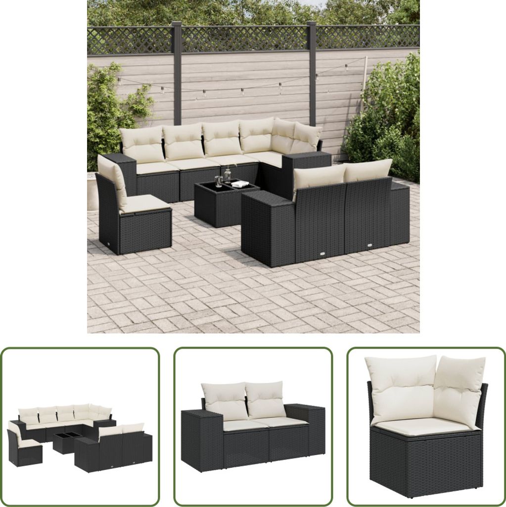 The Living Store 9-tlg. Garten-Sofagarnitur mit Kissen Schwarz Poly Rattan