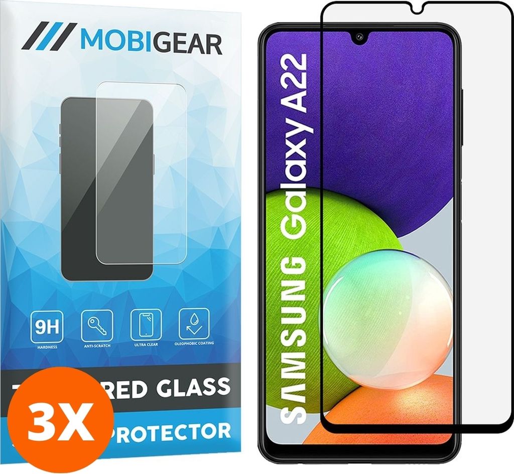 Mobigear Premium 9.98 Samsung Galaxy A22 4G Panzerglas Gehärtetes Glas Displayschutz - Hüllenfreundlich - Schwarz (3er Pack)